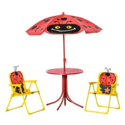 Outsunny Kids Folding Picnic Table And Chair Set, W/ Adjustable Umbrella, Ladybird Pattern
