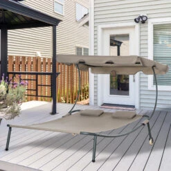 Outsunny Patio Double Chaise Lounge Chair, Outdoor Wheeled Hammock Daybed With Adjustable Canopy And Pillow For Sun Room, Garden, Or Poolside, Brown -Outsunny OCg3d617f276917ba