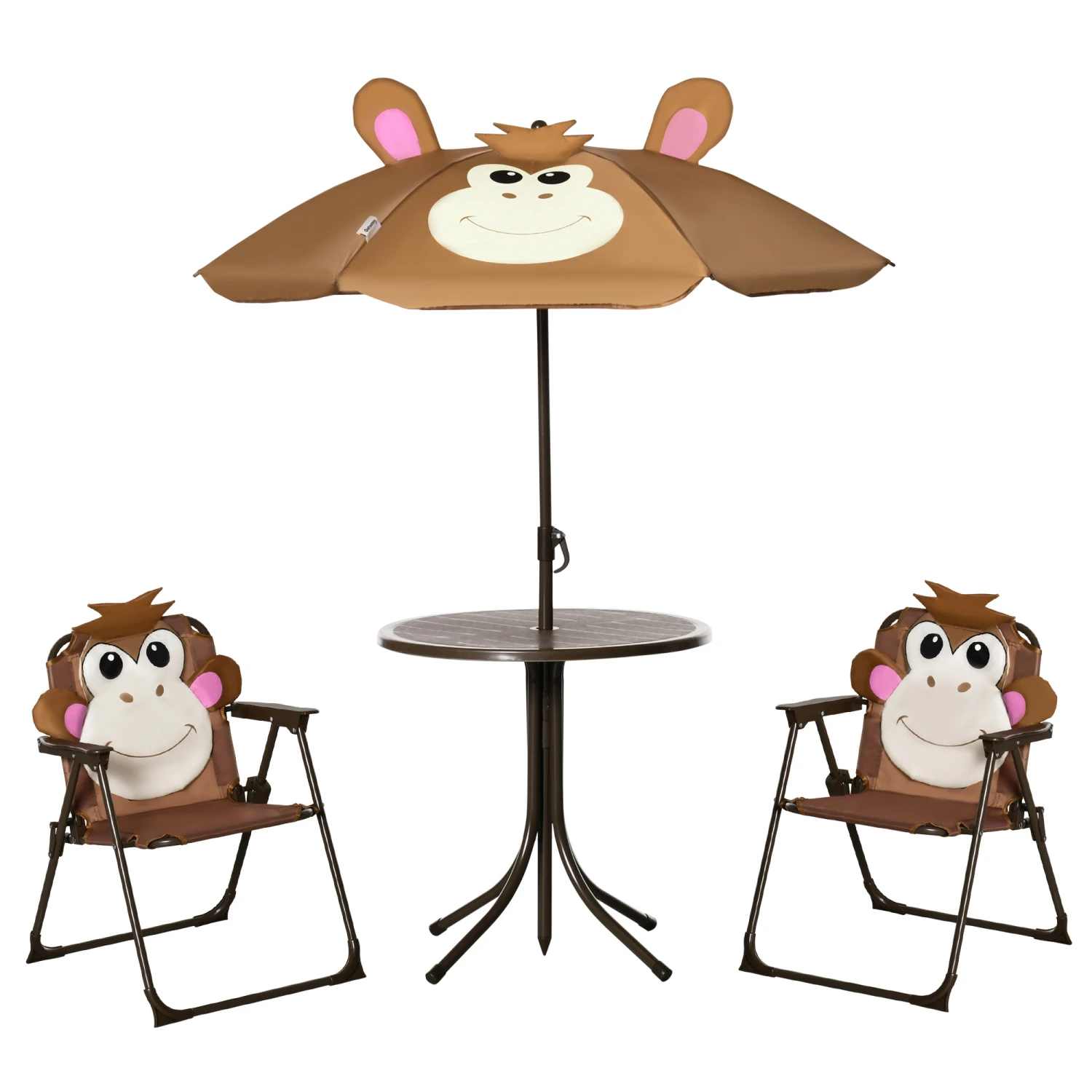 Outsunny Kids Table And Chair Set, Outdoor Folding Garden Furniture, For Patio Backyard, With Monkey Pattern, Removable & Height Adjustable Sun Umbrella, Aged 3-6 Years Old 1 Outsunny Kids Table And Chair Set, Outdoor Folding Garden Furniture, For Patio Backyard, With Monkey Pattern, Removable & Height Adjustable Sun Umbrella, Aged 3-6 Years Old