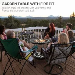 Outsunny 30" Outdoor Fire Pit Dining Table, 3-in-1 Round Wood Burning Fire Pit Bowl, Patio Ice Bucket With Storage Shelf, Spark Screen Cover For BBQ, Bonfire, Camping, Mosaic -Outsunny OgQ88c17ffc927aa3