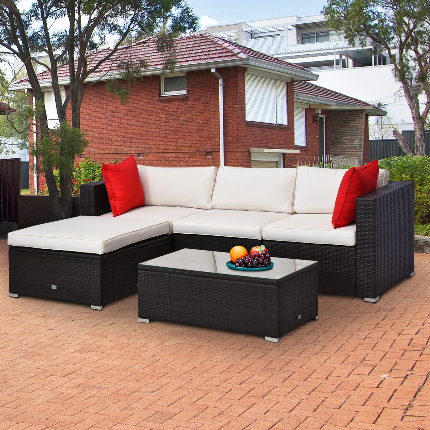 Outsunny 5-Piece Outdoor Sectional Furniture, Patio Wicker Couch, All-Weather PE Rattan Sofa Set With Cushions, Pillows, Glass Coffee Table For Garden, Backyard, Cream White 2 Outsunny 5-Piece Outdoor Sectional Furniture, Patio Wicker Couch, All-Weather PE Rattan Sofa Set With Cushions, Pillows, Glass Coffee Table For Garden, Backyard, Cream White - Image 2