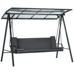 Outsunny 3-Seat Patio Swing Chair, Convertible Swing Hammock Bed With Cushions, Adjustable Polycarbonate Canopy Sunshade Roof For Porch, Garden, Backyard, Gray