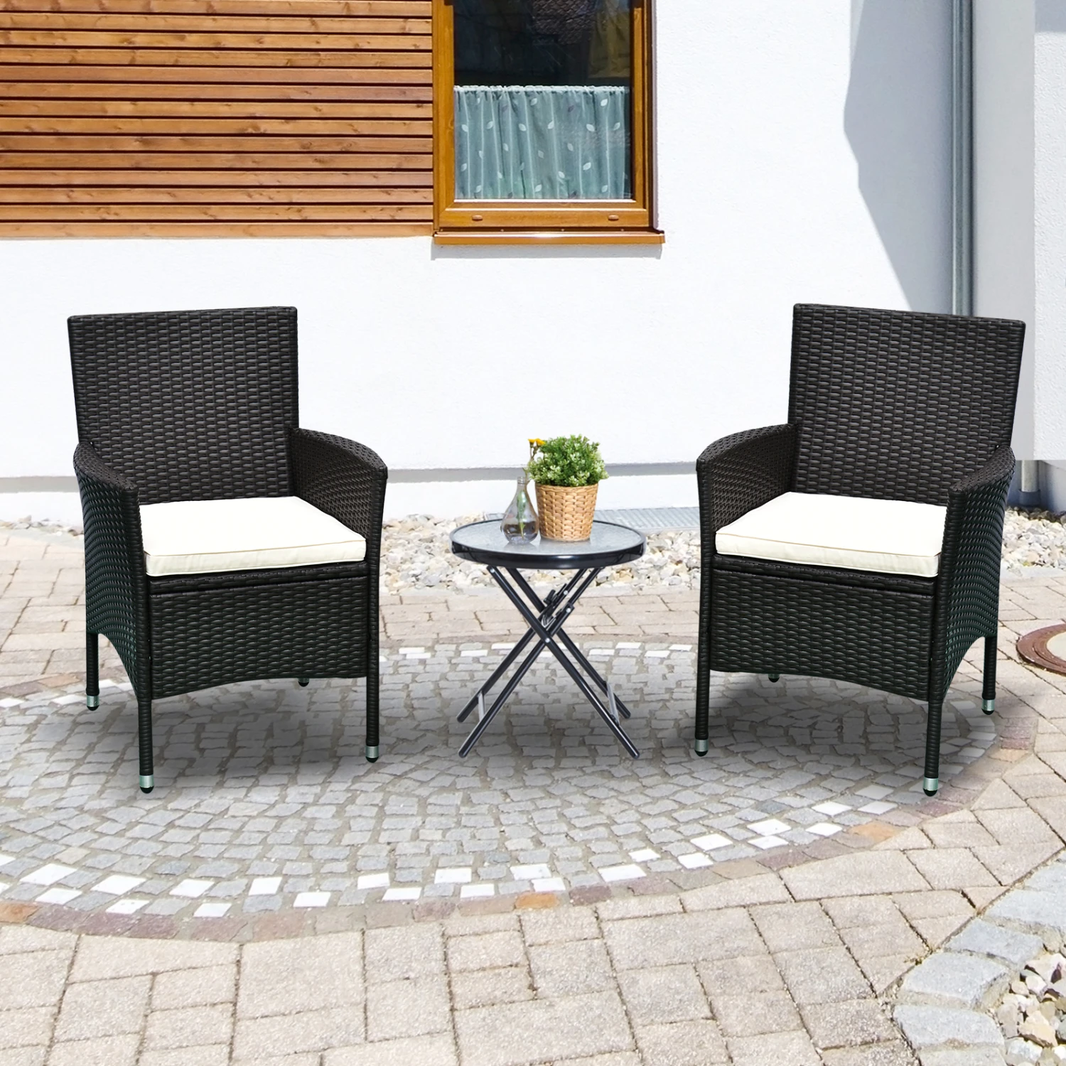 Outsunny 2 PCS Rattan Wicker Dining Chairs With Cushions And Anti-Slip Foot, Patio Stackable Chairs Set For Backyard, Garden, Lawn, Dark Coffee 2 Outsunny 2 PCS Rattan Wicker Dining Chairs With Cushions And Anti-Slip Foot, Patio Stackable Chairs Set For Backyard, Garden, Lawn, Dark Coffee - Image 2