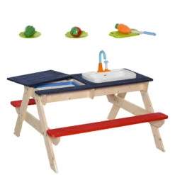 Outsunny Sand & Water Table With Sandbox, Outdoor With Kitchen Toys, Kids Picnic Table And Bench Set Water Circulation Faucet And Vegetable Accessories