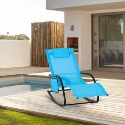 Outsunny Outdoor Rocking Chair, Chaise Lounge Pool Chair For Sun Tanning, Sunbathing, A Rocker With Side Pocket, Armrests & Pillow For Patio, Lawn, Beach, Blue -Outsunny PAd6ff17ffc9778cc