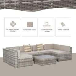 Outsunny 7 Piece Outdoor Patio Furniture Set, PE Rattan Wicker Sectional Sofa Patio Conversation Sets With Couch Cushions, Throw Pillows And Slat Coffee Table, Stripe, Beige -Outsunny PHz16117ef634e821