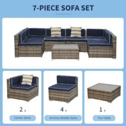 Outsunny 7-Piece Outdoor Wicker Patio Sofa Set, Modern Rattan Conversation Furniture Set With Cushions, Pillows And Tea Table - Blue 20 Outsunny 7-Piece Outdoor Wicker Patio Sofa Set, Modern Rattan Conversation Furniture Set With Cushions, Pillows And Tea Table - Blue -Outsunny PKH31e17e691fe35d