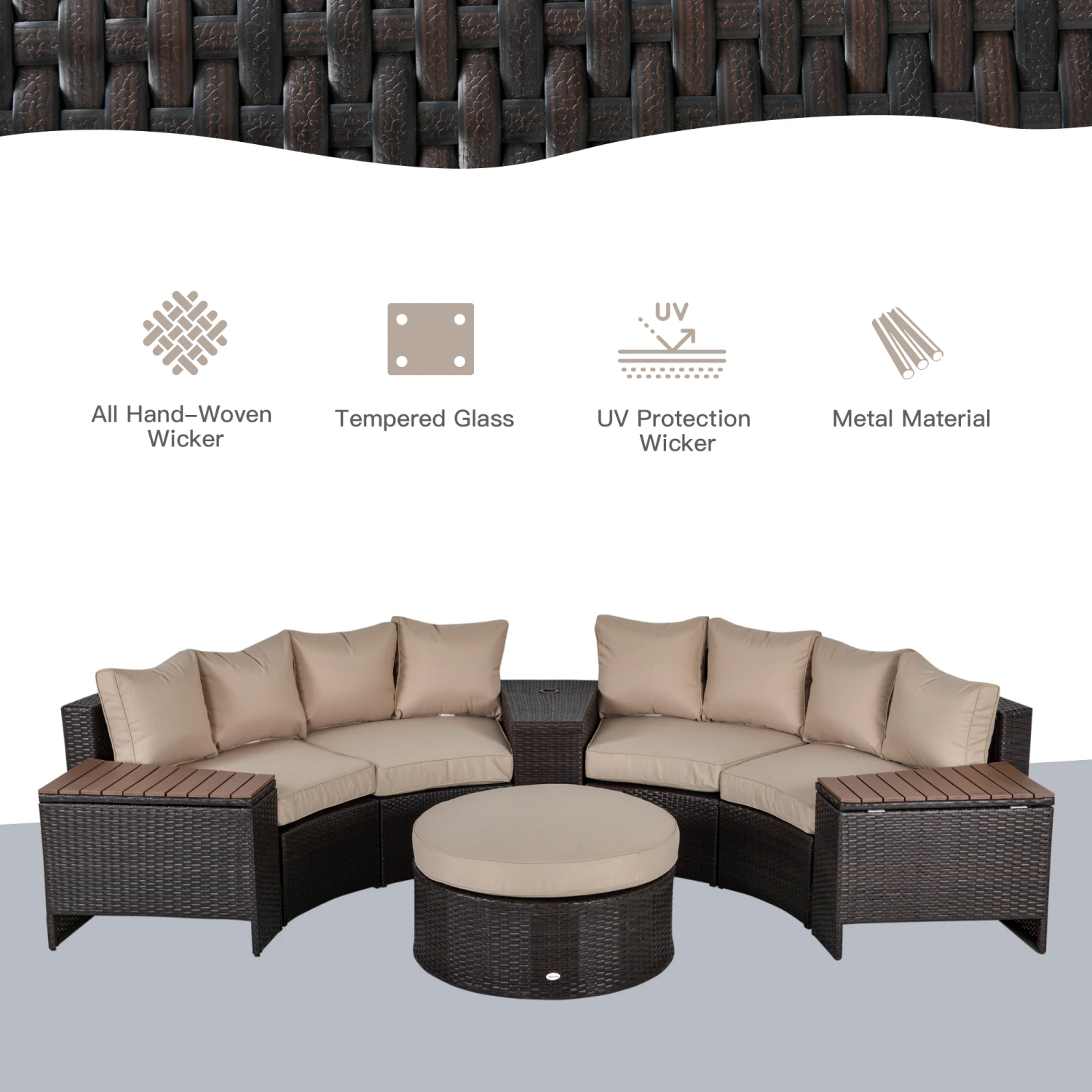 Outsunny 8 Piece Outdoor Rattan Sofa, Half Round Patio Furniture Set With Side Tables, Umbrella Hole, And Cushions, Beige 4 Outsunny 8 Piece Outdoor Rattan Sofa, Half Round Patio Furniture Set With Side Tables, Umbrella Hole, And Cushions, Beige - Image 4