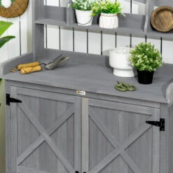 Outsunny Outdoor Storage Cabinet & Potting Table, Wooden Gardening Bench With Patio Cabinet And Magnetic Doors, Grey -Outsunny PM5d4d188c3b8e24f