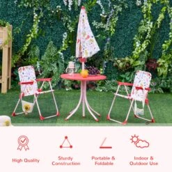 Outsunny Kids Folding Picnic Table And Chairs Set Rabbit Pattern For Outdoor Garden Patio Backyard With Removable & Height Adjustable Sun Umbrella, Red -Outsunny PNZf5317e68e8f01f