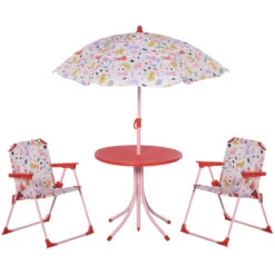 Outsunny Kids Folding Picnic Table And Chairs Set Rabbit Pattern For Outdoor Garden Patio Backyard With Removable & Height Adjustable Sun Umbrella, Red