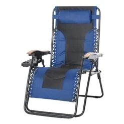 Outsunny Foldable Outdoor Lounge Chair With Footrest, Oversized Padded Zero Gravity Lounge Chair With Headrest, Cup Holders, Armrests, For Camping, Lawn, Garden, Pool, Blue