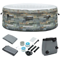 Outsunny 2-3 Person Inflatable Hot Tub Outdoor Round Portable Heated Spa With 108 Jets, Pump, Cover, Filter Cartridges, Mixed Grey