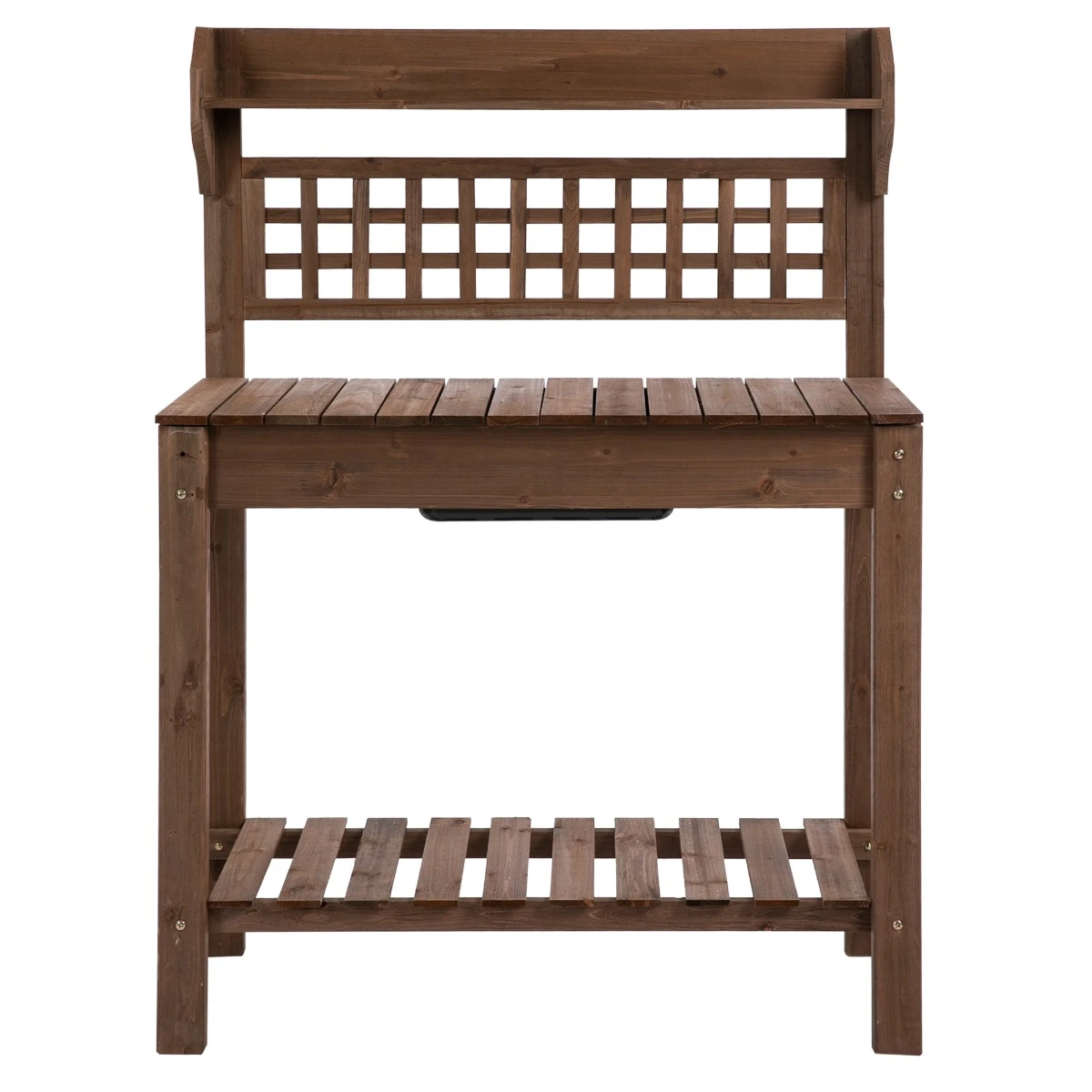Outsunny Outdoor Potting Bench With Sliding Tabletop, Storage Shelf And Dry Sink, 2-Level Gardening Table, Wooden Workstation For Greenhouse, Garden, Patio, Brown 9 Outsunny Outdoor Potting Bench With Sliding Tabletop, Storage Shelf And Dry Sink, 2-Level Gardening Table, Wooden Workstation For Greenhouse, Garden, Patio, Brown - Image 9