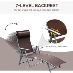 Outsunny Outdoor Folding Chaise Lounge Chair, Portable Lightweight Reclining Sun Lounger With 7-Position Adjustable Backrest & Pillow For Patio, Deck, And Poolside, Brown -Outsunny PgKa0918006e64844