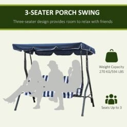 Outsunny 3-Person Patio Porch Swing With Adjustable Canopy For Adults, Steel Frame, Seat & Backrest Cushion, Armrests, Dark Blue & White Striped 12 Outsunny 3-Person Patio Porch Swing With Adjustable Canopy For Adults, Steel Frame, Seat & Backrest Cushion, Armrests, Dark Blue & White Striped -Outsunny Puka0918755147b9a