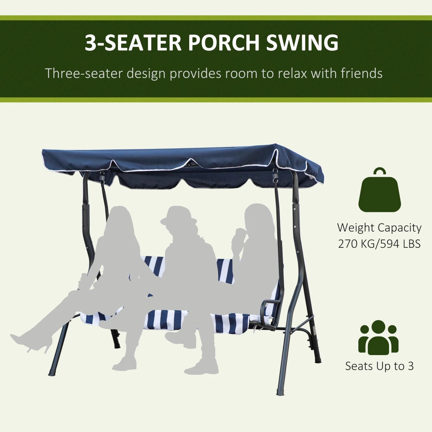 Outsunny 3-Person Patio Porch Swing With Adjustable Canopy For Adults, Steel Frame, Seat & Backrest Cushion, Armrests, Dark Blue & White Striped 4 Outsunny 3-Person Patio Porch Swing With Adjustable Canopy For Adults, Steel Frame, Seat & Backrest Cushion, Armrests, Dark Blue & White Striped - Image 4