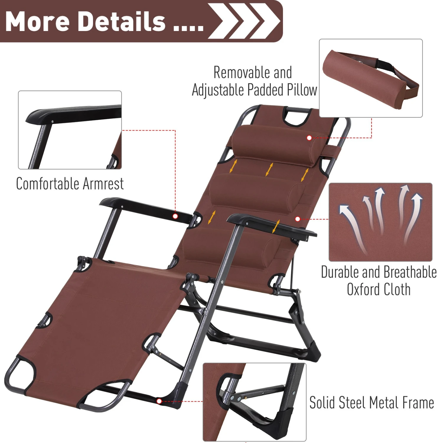Outsunny Oxford Fabric Metal Frame Outdoor Pool Sun Lounger Lounge Chair 120°/180° - Brown 5 Outsunny Oxford Fabric Metal Frame Outdoor Pool Sun Lounger Lounge Chair 120°/180° - Brown - Image 5