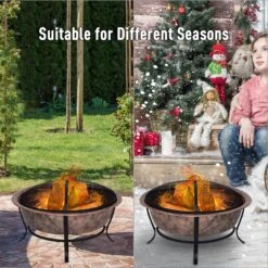 Outsunny 35" Outdoor Fire Pit Wood Burning Black Rustic Cauldron Style Steel Bowl With Log Poker And Mesh Screen Lid For Safety -Outsunny QFddd017e70fe0034