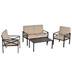 Outsunny 4-Piece Patio Furniture Set Garden Conversation Set With Soft Washable Cushions & Strong Steel Frame, Beige