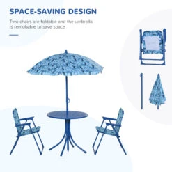 Outsunny Kids Folding Table And Chairs Set Shark Pattern For Outdoor Garden Patio Backyard With Removable & Height Adjustable Sun Umbrella, Blue -Outsunny QTX46e17e6b209835