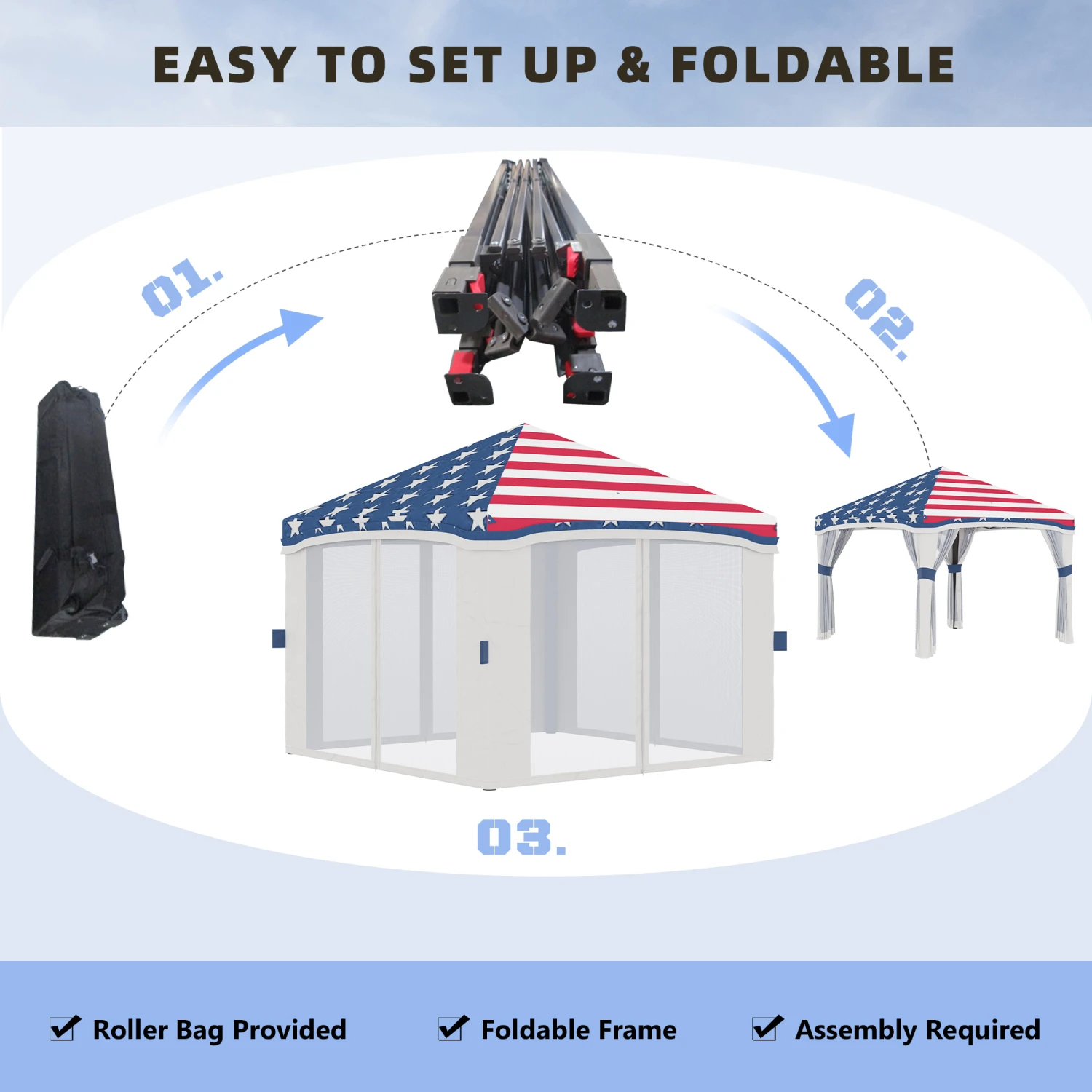 Outsunny 10' X 10' Pop Up Canopy Tent With Netting, Instant Tents For Parties, Height Adjustable, With Wheeled Carry Bag And 4 Sand Bags For Outdoor, Garden, Patio, American Flag 5 Outsunny 10' X 10' Pop Up Canopy Tent With Netting, Instant Tents For Parties, Height Adjustable, With Wheeled Carry Bag And 4 Sand Bags For Outdoor, Garden, Patio, American Flag - Image 5
