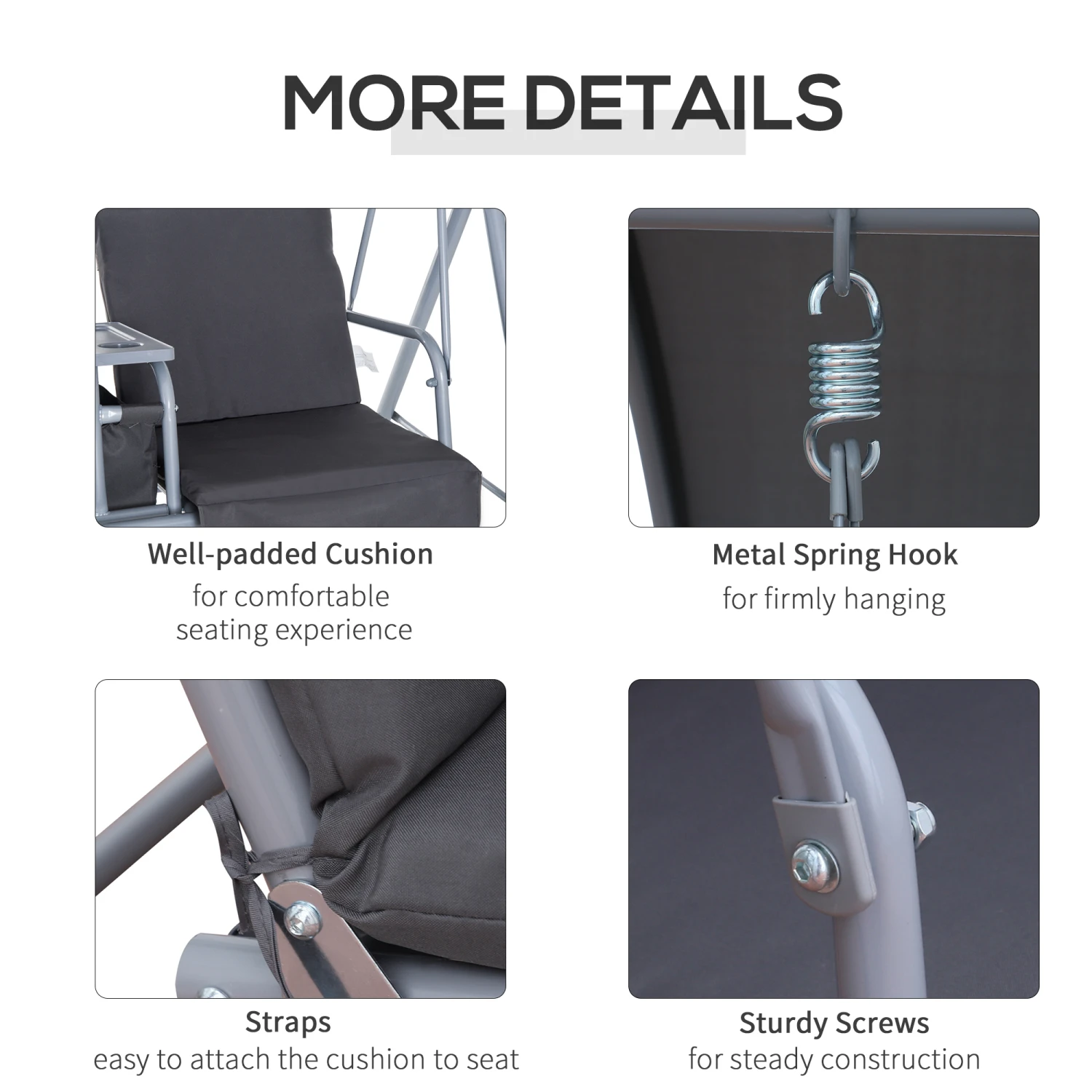 Outsunny 2 Person Porch Swing With Stand, Outdoor Swing With Canopy, Pivot Storage Table, 2 Cup Holders, Cushions For Patio, Backyard, Gray 7 Outsunny 2 Person Porch Swing With Stand, Outdoor Swing With Canopy, Pivot Storage Table, 2 Cup Holders, Cushions For Patio, Backyard, Gray - Image 7