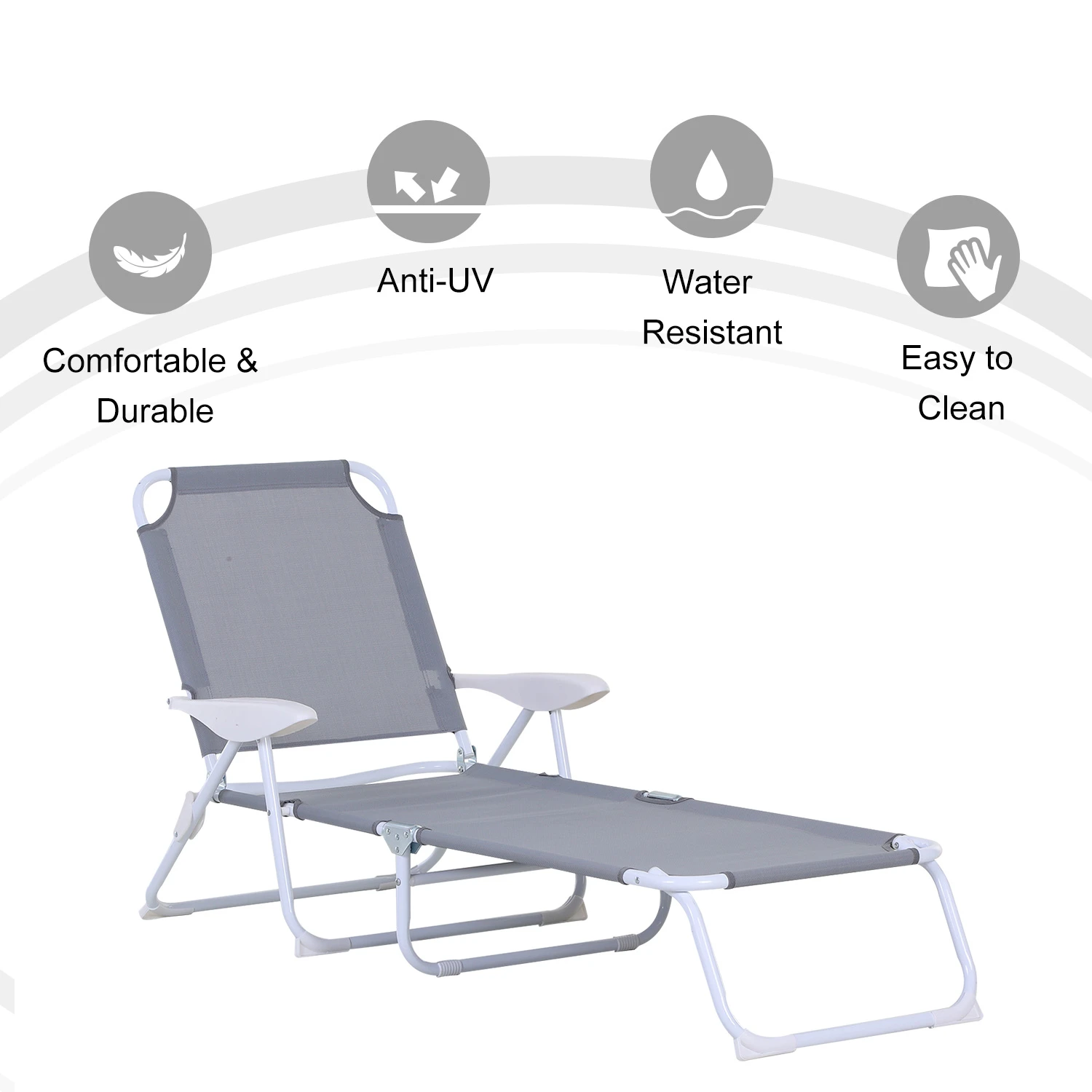 Outsunny Folding Chaise Lounge, Outdoor Sun Tanning Chair, 4-Position Reclining Back, Armrests, Iron Frame & Mesh Fabric For Beach, Yard, Patio, Gray 5 Outsunny Folding Chaise Lounge, Outdoor Sun Tanning Chair, 4-Position Reclining Back, Armrests, Iron Frame & Mesh Fabric For Beach, Yard, Patio, Gray - Image 5