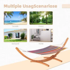 Outsunny Outdoor Hammock With Stand, Extra Large Heavy Duty Wooden Frame, No Tree Needed, 12.8' Indoor Outside Boho Style Nap Bed, Natural Cotton, Rainbow 15 Outsunny Outdoor Hammock With Stand, Extra Large Heavy Duty Wooden Frame, No Tree Needed, 12.8' Indoor Outside Boho Style Nap Bed, Natural Cotton, Rainbow -Outsunny QfW7561818bfa1ff0