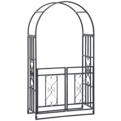 Outsunny 81" Metal Garden Arbor With Double Doors, Locking Gate, Climbing Vine Frame With Heart Motifs, Arch For Wedding, Bridal Party Decoration, Grey