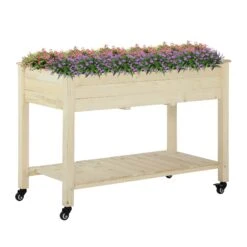 Outsunny Raised Garden Bed, 47" X 22" X 33", Elevated Wooden Planter Box W/ Lockable Wheels, Storage Shelf, And Bed Liner For Backyard, Patio, Natural