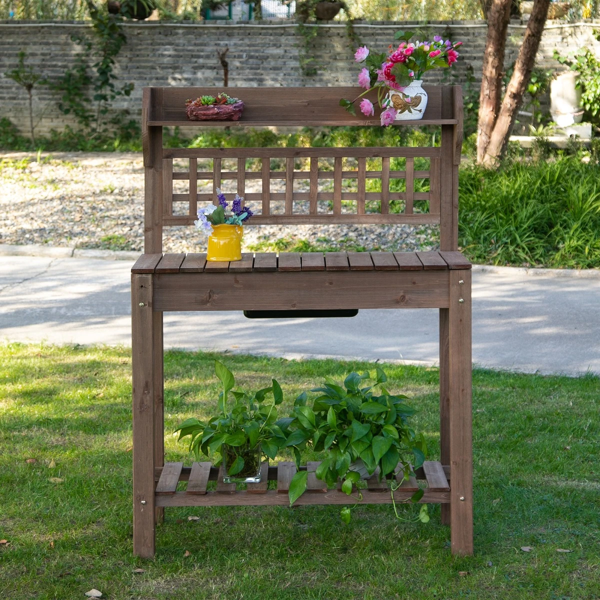 Outsunny Outdoor Potting Bench With Sliding Tabletop, Storage Shelf And Dry Sink, 2-Level Gardening Table, Wooden Workstation For Greenhouse, Garden, Patio, Brown 2 Outsunny Outdoor Potting Bench With Sliding Tabletop, Storage Shelf And Dry Sink, 2-Level Gardening Table, Wooden Workstation For Greenhouse, Garden, Patio, Brown - Image 2