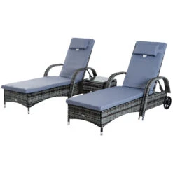 Outsunny 3 Piece Outdoor Furniture Set, 2 Reclining Chaise Lounge Chairs, Rolling Wheels, Armrests, Headrests, Thickly Cushioned, 1 Side Table, PE Plastic Rattan, Grey