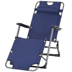 Outsunny Tanning Chair, 2-in-1 Beach Lounge Chair & Camping Chair W/ Pillow & Pocket, Adjustable Chaise For Sunbathing Outside, Patio, Poolside, Navy