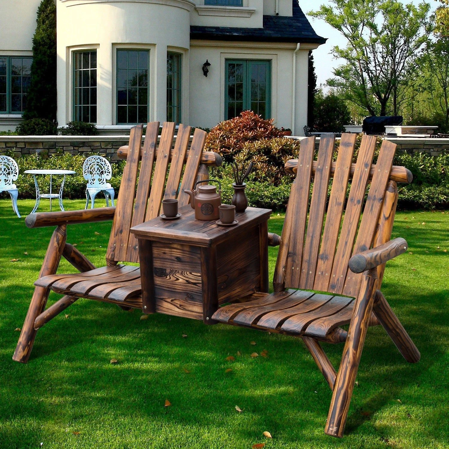 Outsunny Wooden Double Adirondack Chair Loveseat With Inset Ice Bucket, Rustic Aesethic, & Weather-Resistant Materials 2 Outsunny Wooden Double Adirondack Chair Loveseat With Inset Ice Bucket, Rustic Aesethic, & Weather-Resistant Materials - Image 2