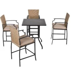 Outsunny 5 PCs Rattan Wicker Bar Table Chair Set, 4 Bar Chairs And 1 Wood Grain Top Bar Table, Mixed Brown