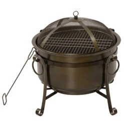 Outsunny 30" Outdoor Fire Pit Grill, Portable Steel Wood Burning Bowl, Cooking Grate, Poker, Spark Screen Lid For Patio, Backyard, BBQ, Camping, Bronze Colored -Outsunny RMjdaa17fcf3f56ba