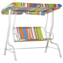 Outsunny 2-Seat Kids Canopy Swing Chair Toddler Outdoor Glider Hammock Lounge With Shade Awning Seat Belt For Porch Backyard Colorful Stripes 43" X 27.5" X 43"