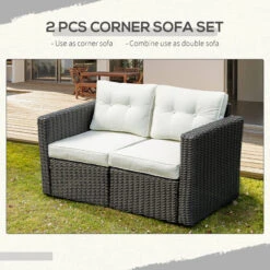Outsunny 2 Piece Patio Wicker Corner Sofa Set, Outdoor PE Rattan Furniture, With Curved Armrests And Padded Cushions For Balcony, Garden, Or Lawn, Lawn, Beige -Outsunny RhZ75617f2768ed41