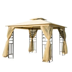 Outsunny 10' x 10' Metal Patio Gazebo, Double Roof Outdoor Gazebo Canopy Shelter With Tree Motifs Corner Frame And Netting, For Garden, Lawn, Backyard, And Deck, Beige -Outsunny S4Xdaa18008260853