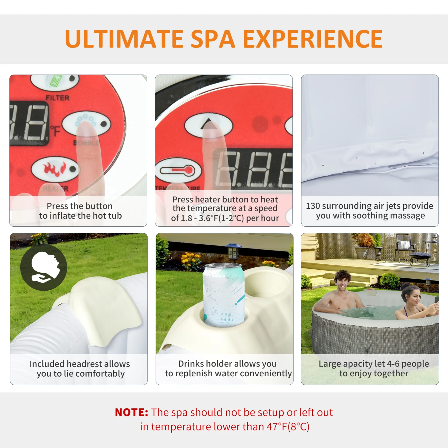 Outsunny 4-6 Person Inflatable Portable Hot Tub Spa 82'' X 26'' Outdoor Round Heated Spa W/ 130 Bubble Jets, Cover, Filter Cartridges - Grey 7 Outsunny 4-6 Person Inflatable Portable Hot Tub Spa 82'' X 26'' Outdoor Round Heated Spa W/ 130 Bubble Jets, Cover, Filter Cartridges - Grey - Image 7