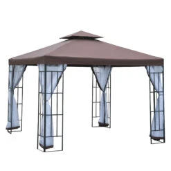 Outsunny 10' X 10' Outdoor Gazebo, Double Roof Outdoor Gazebo Canopy Shelter With Mesh Netting, Steel Corner Frame For Patio, Backyards And Parties, Coffee