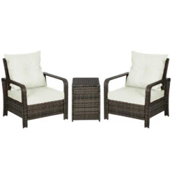 Outsunny 3 Piece Patio Furniture Set, PE Rattan Wicker Storage Table And Chairs W/ Tufted Cushions For Outdoor Garden, Backyard, Poolside, Balcony, Beige