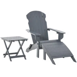 Outsunny 3-Piece Folding Adirondack Chair With Ottoman And Side Table, Outdoor Wooden Fire Pit Chairs W/ High-back, Wide Armrests For Patio, Backyard, Garden, Lawn Furniture - Gray