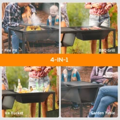 Outsunny 4-in-1 Fire Pit, BBQ Grill, Ice Bucket Cooler, Garden Table, With Cooking Grate, Log Grate & Waterproof Cover, Galvanized Steel Wood-Burning Fireplace With Spark Screen & Poker -Outsunny SLja09185f82da447