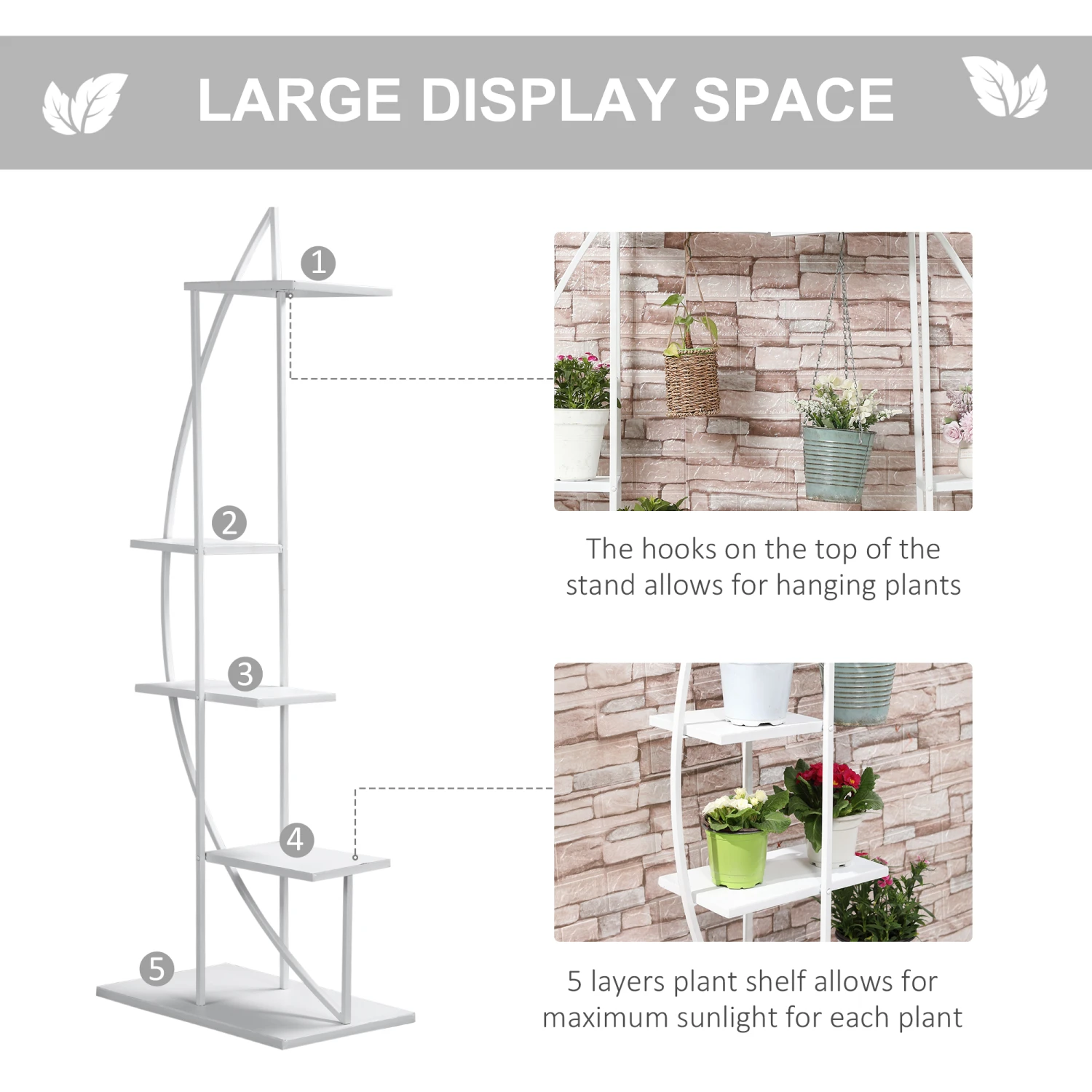 Outsunny 5 Tier Metal Plant Stand With Hangers, Half Moon Shape Flower Pot Display Shelf For Living Room Patio Garden Balcony Decor, White 5 Outsunny 5 Tier Metal Plant Stand With Hangers, Half Moon Shape Flower Pot Display Shelf For Living Room Patio Garden Balcony Decor, White - Image 5