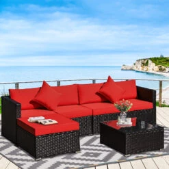 Outsunny 6 Pieces Patio Furniture Sets Outdoor Wicker Conversation Sets All Weather PE Rattan Sectional Sofa Set With Ottoman, Cushions & Tempered Glass Desktop, Red
