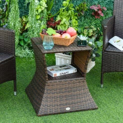 Outsunny Rattan Wicker Side Table With Umbrella Hole, 2 Tier Storage Shelf For All Weather For Outdoor, Patio, Garden, Backyard, Mixed Brown -Outsunny Spt6ff1802b661d84