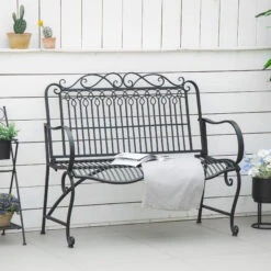 Outsunny Metal Park Bench For Front Porch, Loveseat Like 2 Person, Armrests, Steel Frame, European Antique Style Outdoor Furniture, Black -Outsunny Ssk2a117fb9b10742