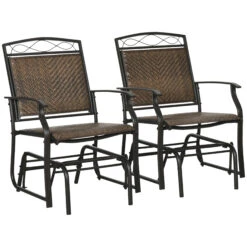 Outsunny Set Of 2 Outdoor Glider Chairs, Porch & Patio Rockers For Deck With PE Rattan Seats, Steel Frames For Garden, Backyard, Poolside, Brown